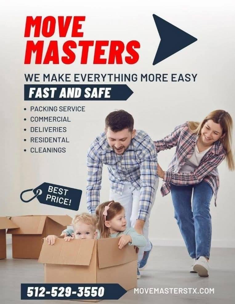 Move Masters moving company advertisement showing family with children in cardboard boxes