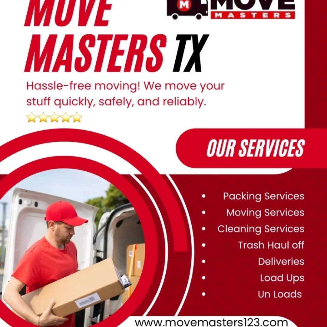 Move Masters TX moving company advertisement with services list and worker loading boxes into truck