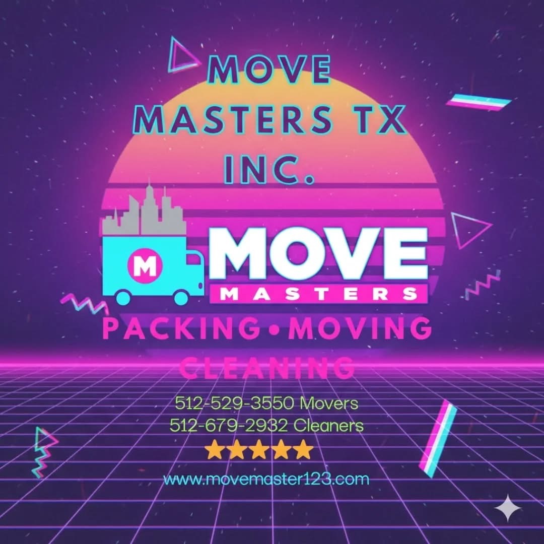 Move Masters TX Inc neon retro poster with moving truck logo and contact information