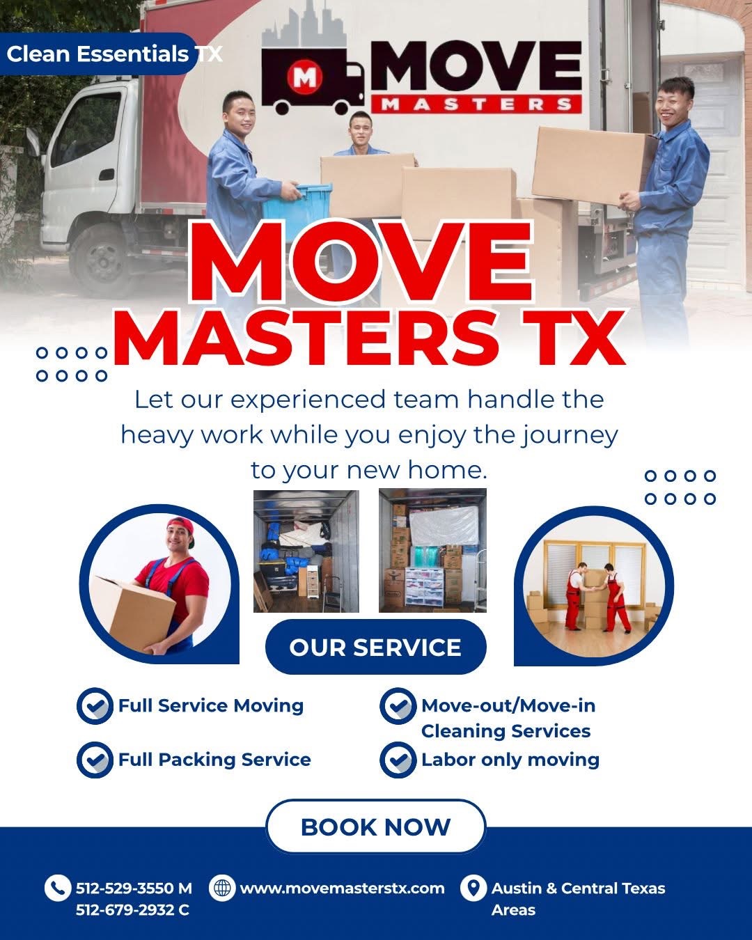 Move Masters TX moving company promotional flyer with team members holding boxes and service offerings