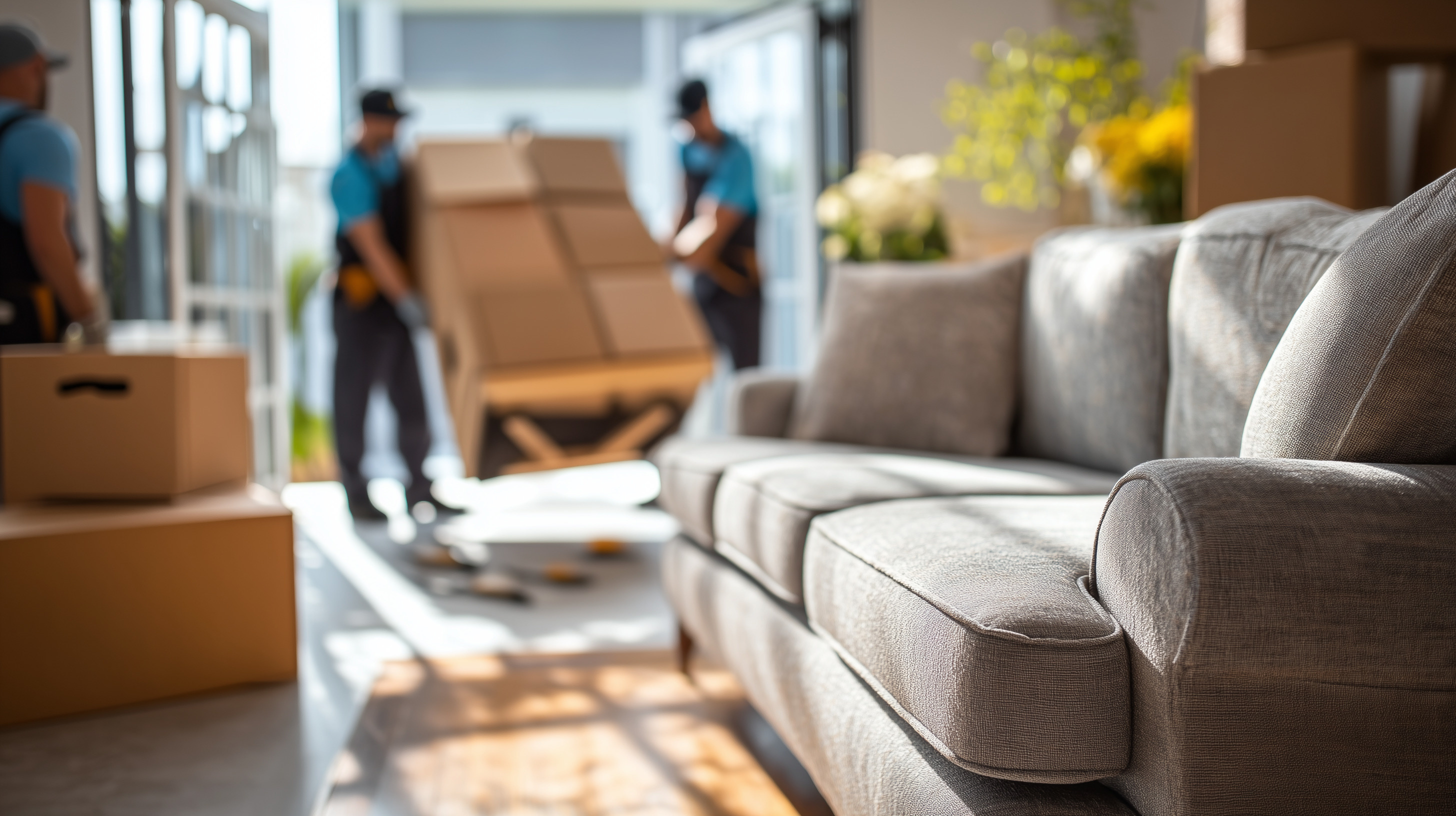 Moving company workers carrying boxes and furniture into a bright residential space with a gray couch in foreground