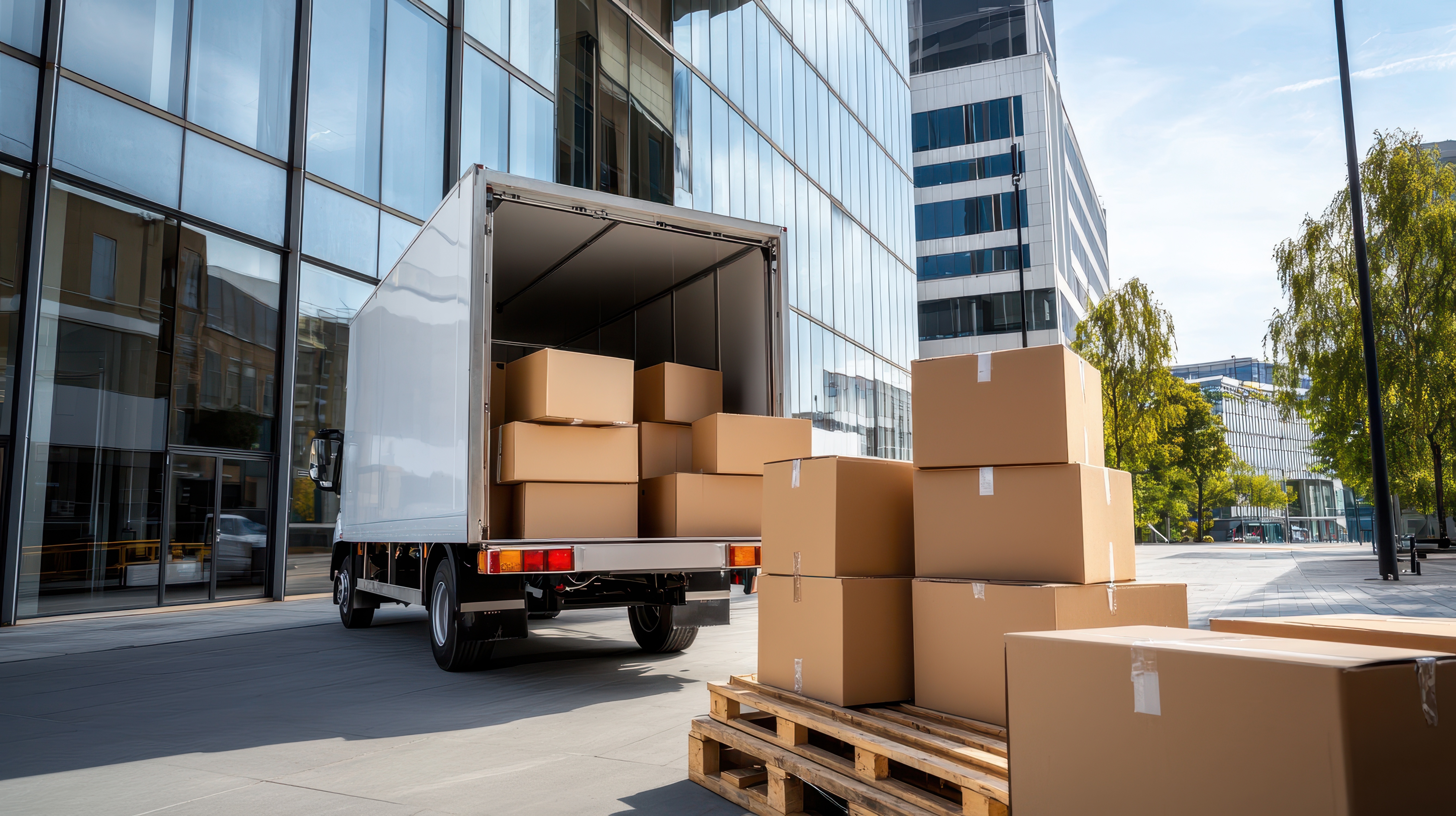 Moving truck unloading cardboard boxes at modern office building courtyard