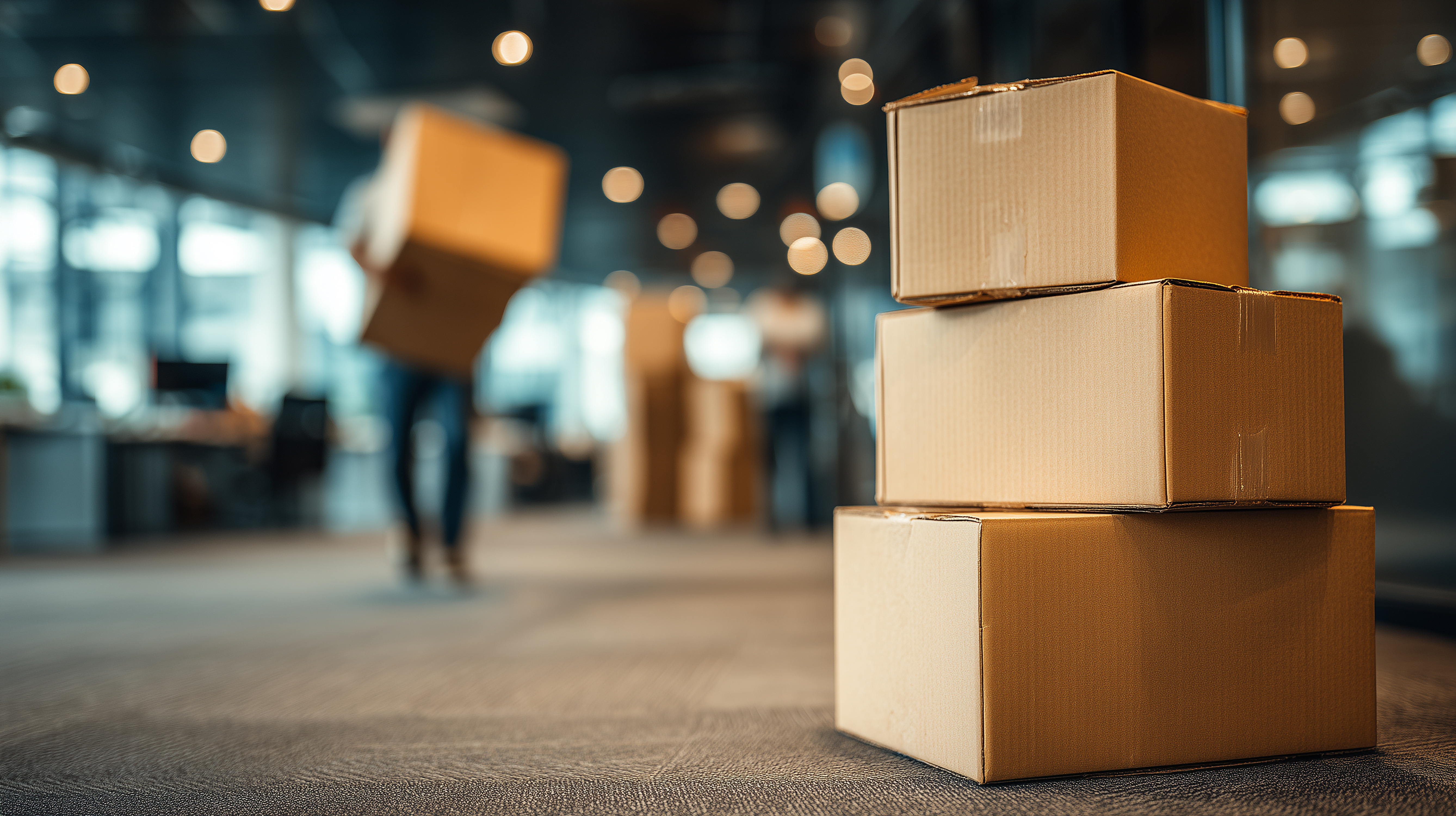 Stack of three cardboard boxes in an office building lobby with blurred background