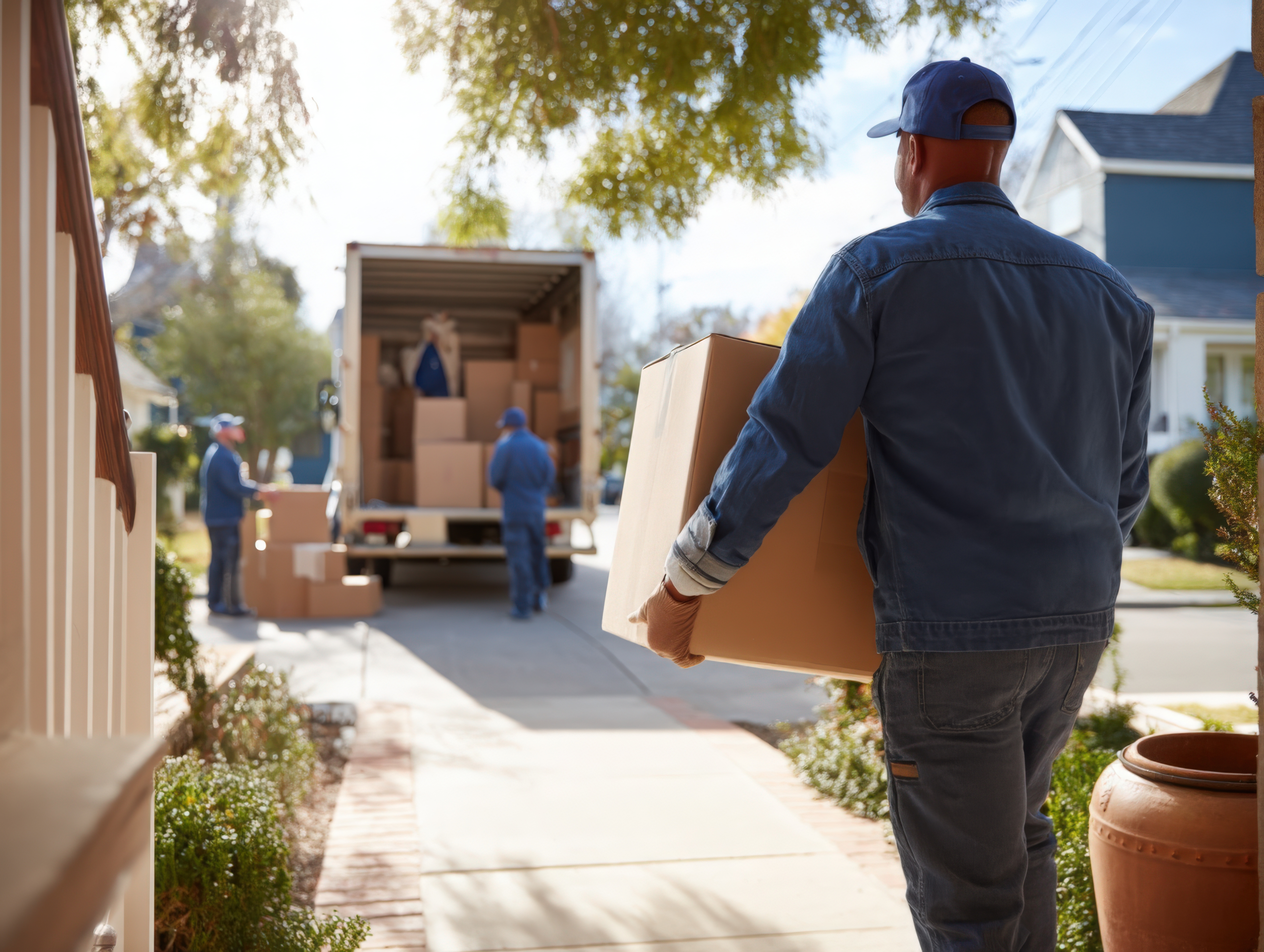 Moving company workers unloading boxes from truck at residential home
